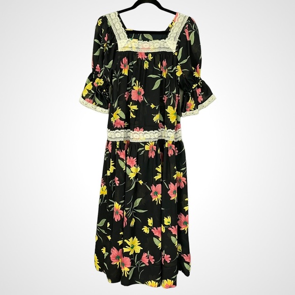 Hand Crafted Dresses & Skirts - Handmade Muumuu Dress Sheer Black Floral Puffed Sleeve‎ Dropped Waist Lace Midi